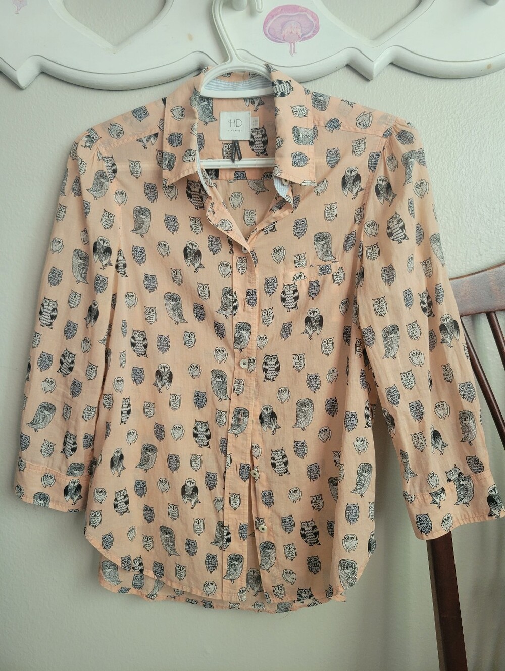 HD in Paris Peach Button-Up Shirt with Black Owl Print